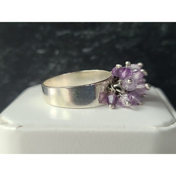 950 Silver Purple Plastic Beaded Cha Cha Ring Vintage, SIZE US 10 - Picture 7 of 10